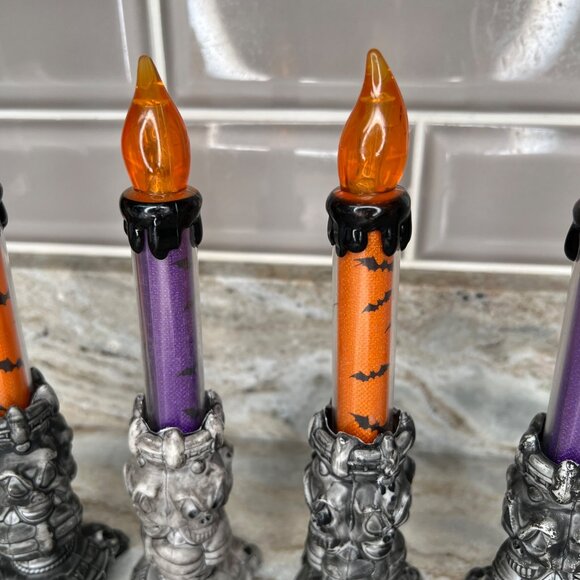 Set Of 4 Gothic Halloween LED Candles Skull Bases Orange & Purple READ - Picture 5 of 9